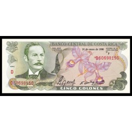 Costa Rica Pick. 236 5 Colones 1968-92 SC