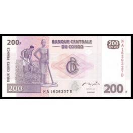 Congo Democratico Pick. Nuevo 200 Francs 2007 SC